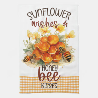 Sunflower Flowers Gingham Honey Bees Tea Towel