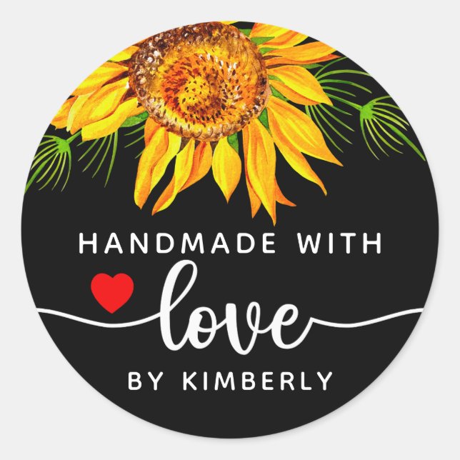 Sunflower Flower's Handmade with Love Black  Classic Round Sticker (Front)