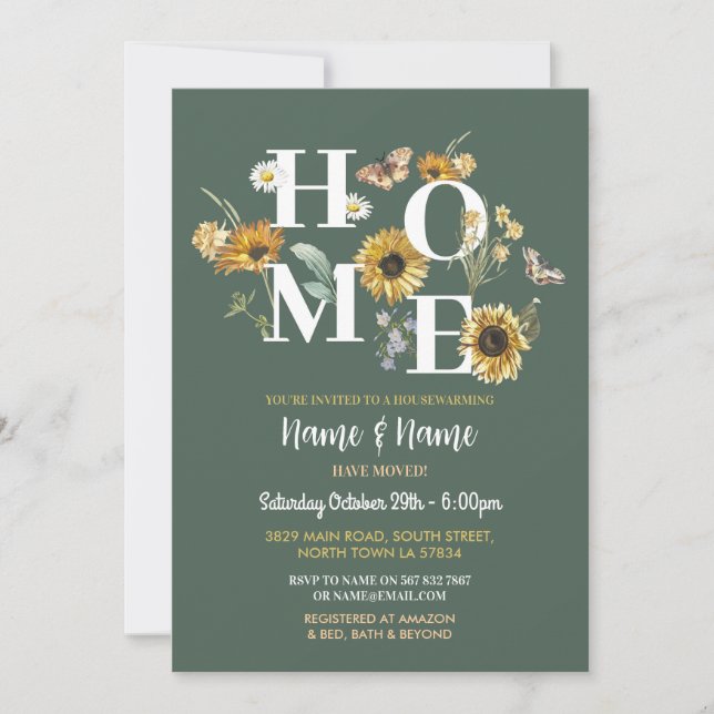 Sunflower Flowers Housewarming Spring Green Party Invitation (Front)