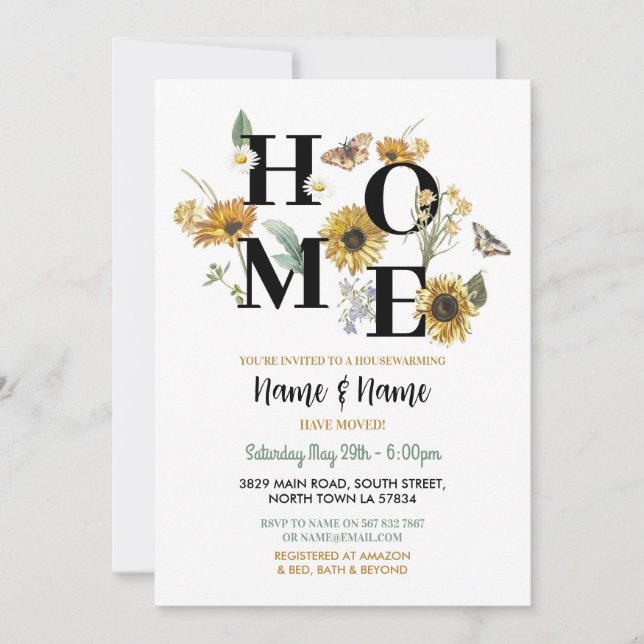 Sunflower Flowers Housewarming Spring Green Party Invitation (Front)