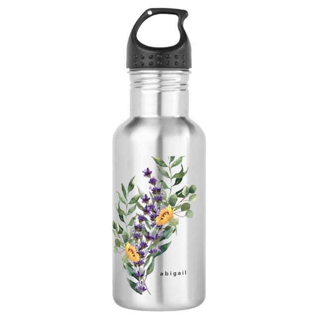 Sunflower, Foliage & Lavender Custom Name 710 Ml Water Bottle (Front)