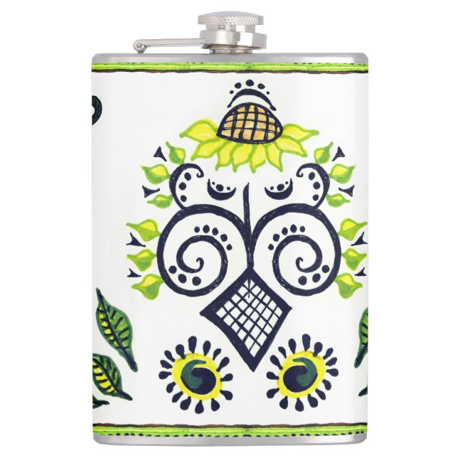 Sunflower Folk Art Pattern in Yellow and Black Hip Flask (Front)