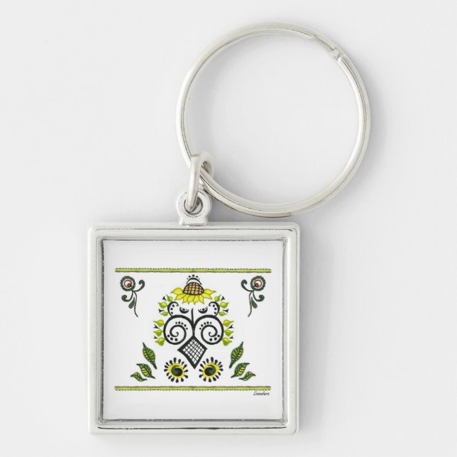 Sunflower Folk Pattern by Alexandra Cook Key Ring (Front)