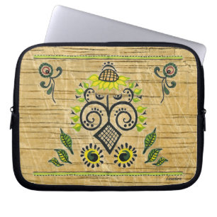 Sunflower Folk Pattern on wood Laptop Sleeve
