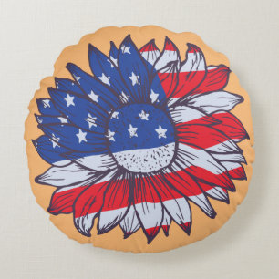 Sunflower For American Patriots Round Cushion