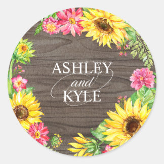 Sunflower Frame on Dark Wood Classic Round Sticker