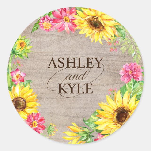 Sunflower Frame on Rustic Wood Classic Round Sticker (Front)