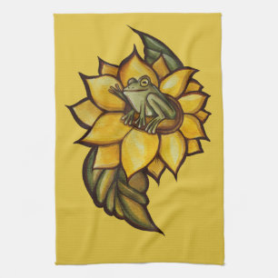 Sunflower Frog Floral Froggy Flower                Tea Towel