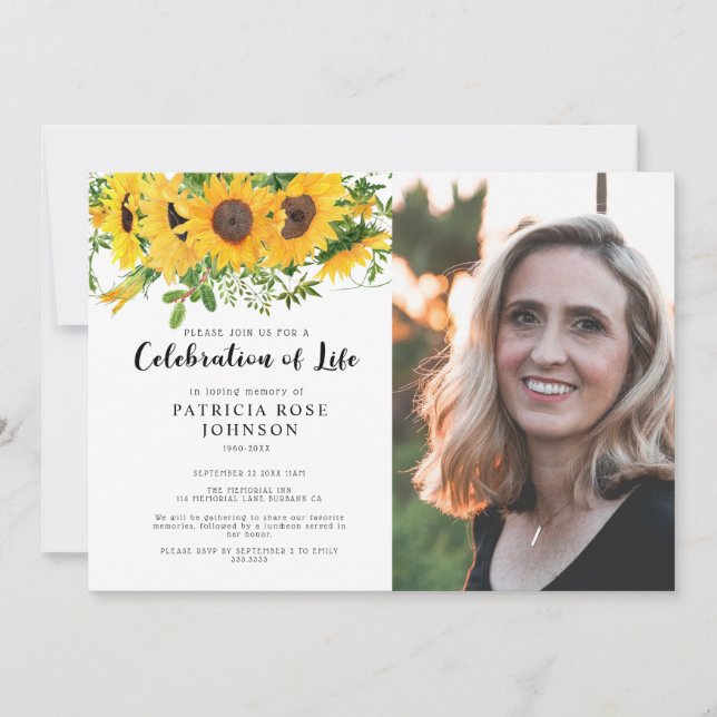 Sunflower Funeral Celebration of Life Photo Invitation (Front)