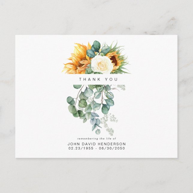 Sunflower  Funeral Loss of Life Thank You Postcard (Front)