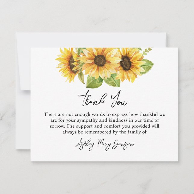 Sunflower Funeral Thank You Note Card Bereavement (Front)