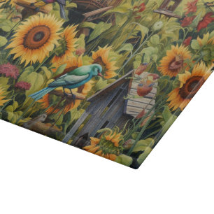 Sunflower Garden 10 Bird Houses Blue Birds Cutting Board