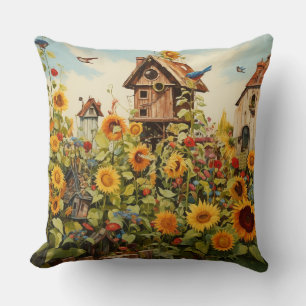 Sunflower Garden 11 Bird Houses Blue Birds Cushion