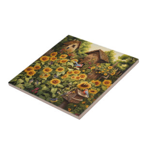 Sunflower Garden 12 Bird Houses Blue Birds Ceramic Tile