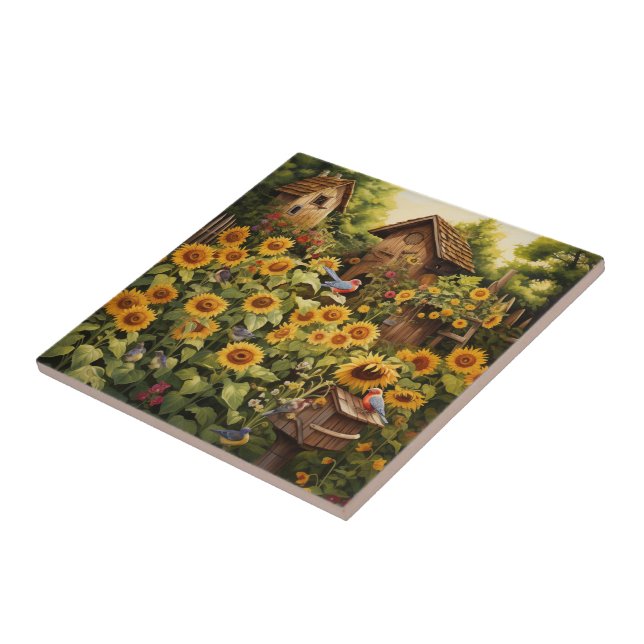 Sunflower Garden 12 Bird Houses Blue Birds Ceramic Tile (Side)