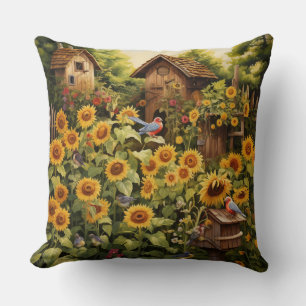Sunflower Garden 12 Bird Houses Blue Birds Cushion