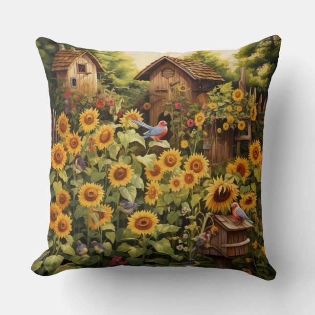 Sunflower Garden 12 Bird Houses Blue Birds Cushion (Front)