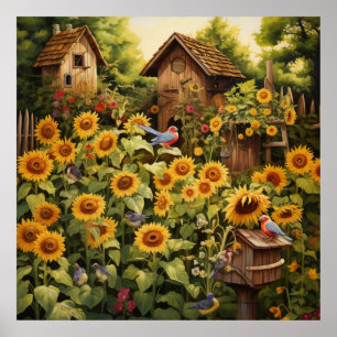 Sunflower Garden 12 Bird Houses Blue Birds Poster