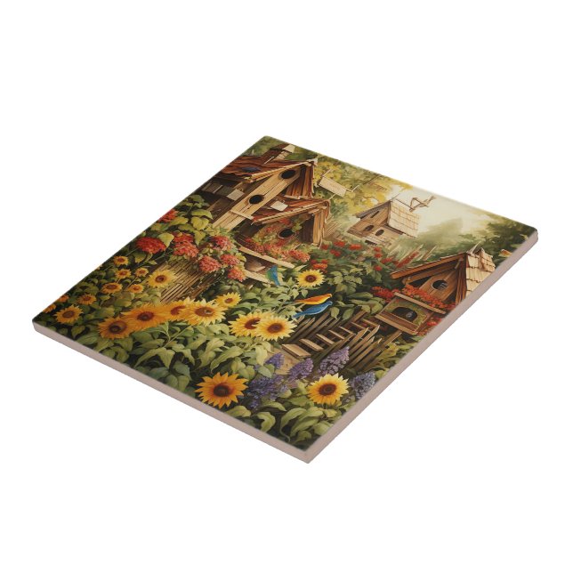 Sunflower Garden 13 Bird Houses Blue Birds Ceramic Tile (Side)