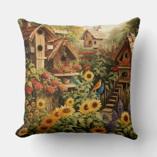 Sunflower Garden 13 Bird Houses Blue Birds Cushion