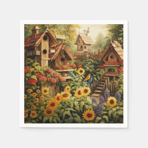 Sunflower Garden 13 Bird Houses Blue Birds Napkin