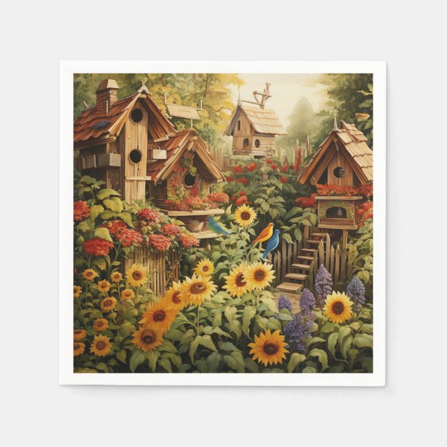 Sunflower Garden 13 Bird Houses Blue Birds Napkin (Front)