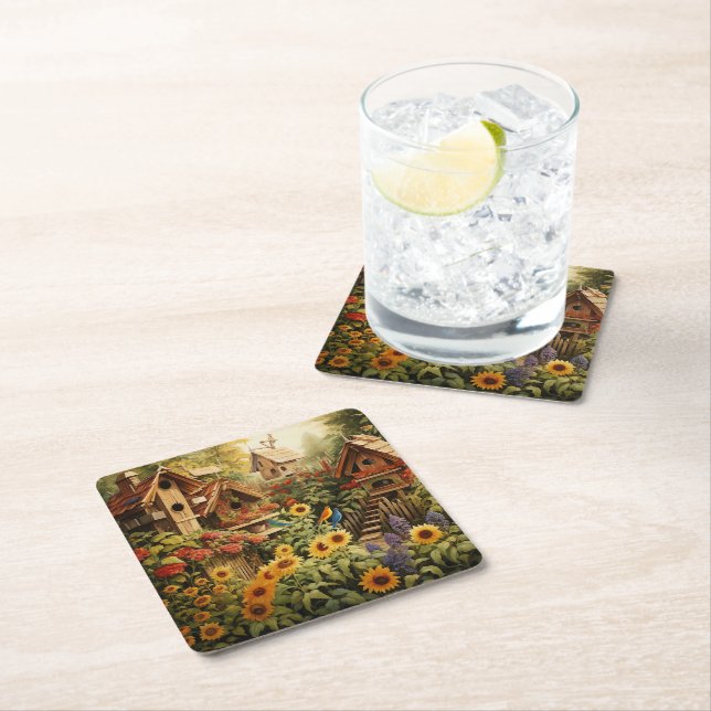 Sunflower Garden 13 Bird Houses Blue Birds Square Paper Coaster (Insitu)