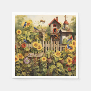 Sunflower Garden 14 Bird Houses Blue Birds Napkin