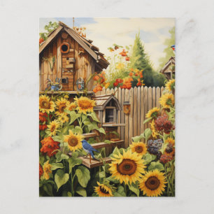 Sunflower Garden 2 Bird Houses Blue Birds Postcard