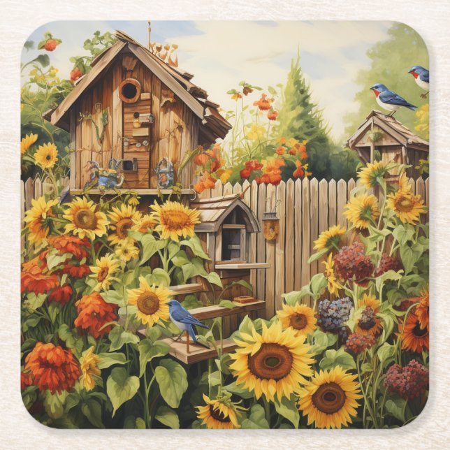 Sunflower Garden 2 Bird Houses Blue Birds Square Paper Coaster (Front)