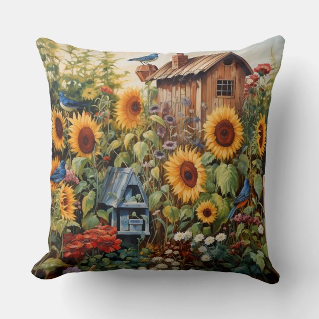 Sunflower Garden 3 Bird Houses Blue Birds Cushion (Front)