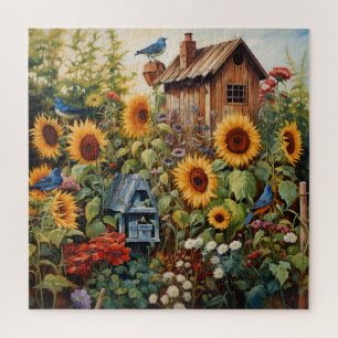 Sunflower Garden 3 Bird Houses Blue Birds Jigsaw Puzzle