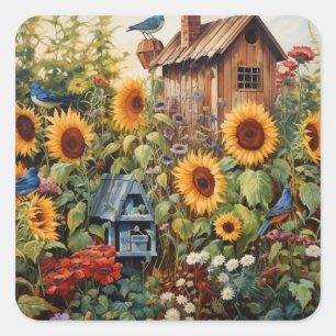 Sunflower Garden 3 Bird Houses Blue Birds Square Sticker