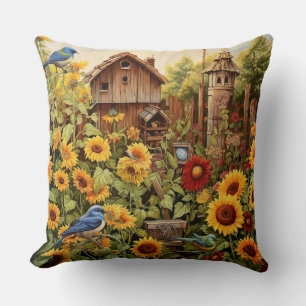 Sunflower Garden 4 Bird Houses Blue Birds Cushion