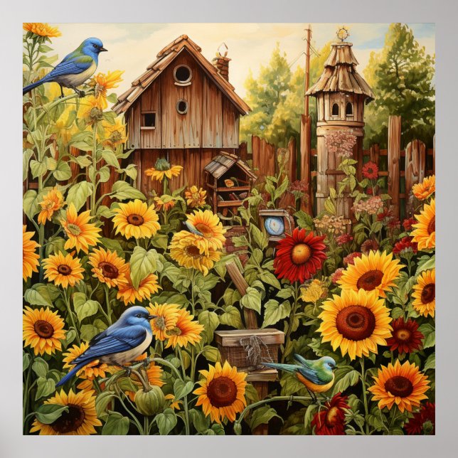 Sunflower Garden 4 Bird Houses Blue Birds Poster (Front)