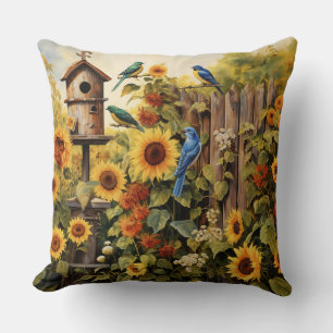 Sunflower Garden 5 Bird Houses Blue Birds Cushion