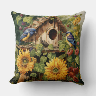 Sunflower Garden 6 Bird Houses Blue Birds Cushion