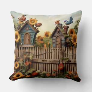 Sunflower Garden 7 Bird Houses Blue Birds Cushion