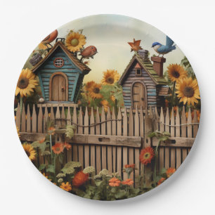 Sunflower Garden 7 Bird Houses Blue Birds Paper Plate