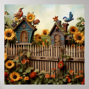 Sunflower Garden 7 Bird Houses Blue Birds Poster