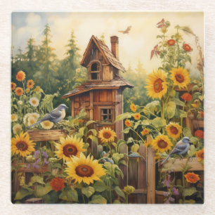 Sunflower Garden 8 Bird Houses Blue Birds Glass Coaster