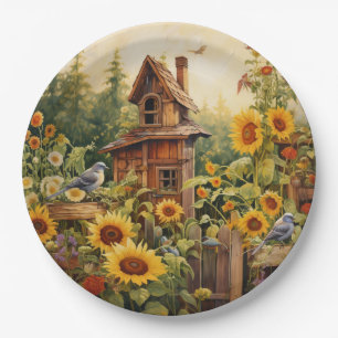 Sunflower Garden 8 Bird Houses Blue Birds Paper Plate