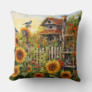Sunflower Garden 9 Bird Houses Blue Birds Cushion