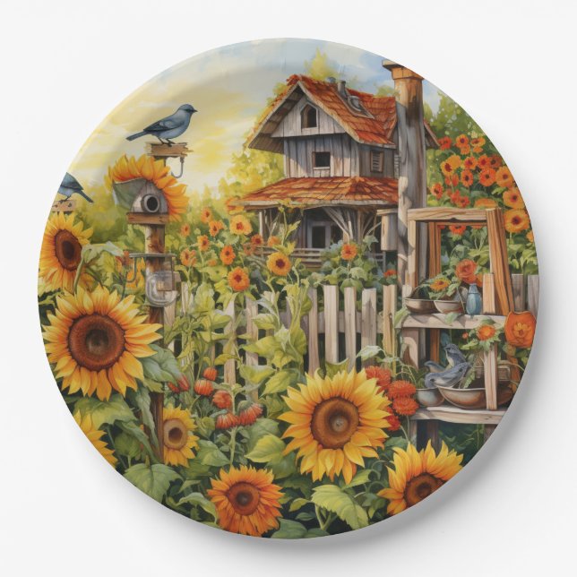 Sunflower Garden 9 Bird Houses Blue Birds Paper Plate (Front)
