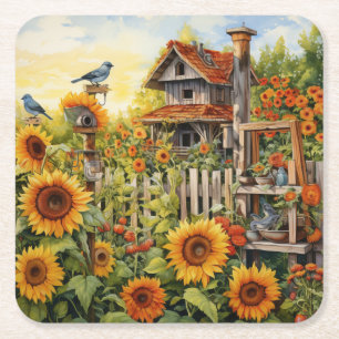 Sunflower Garden 9 Bird Houses Blue Birds Square Paper Coaster