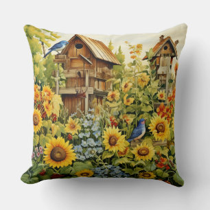 Sunflower Garden Bird Houses Blue Birds Cushion
