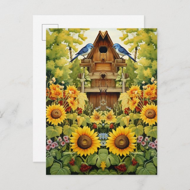 Sunflower Garden Bird Houses Blue Birds Postcard (Front/Back)