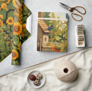 Sunflower Garden Bird Houses Wrapping Paper