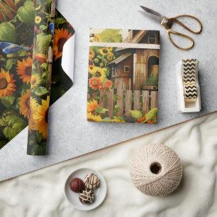 Sunflower Garden Bird Houses Wrapping Paper