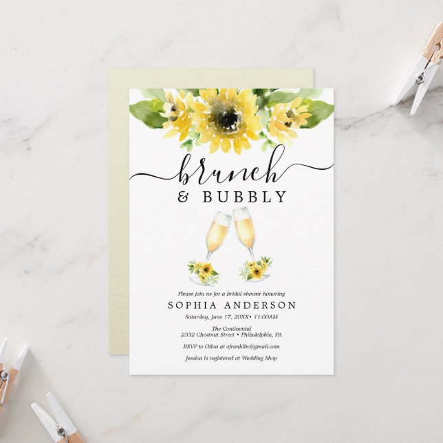 Sunflower Garden Brunch and Bubbly Bridal Shower Invitation (Front/Back In Situ)